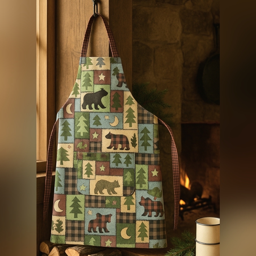 NWOT Kay Dee Designs Village Lodge Apron V5001 Rustic Cabin Patchwork Bears